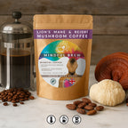 Mushroom coffee package with coffee beans, a French press, and a mushroom on a wooden background